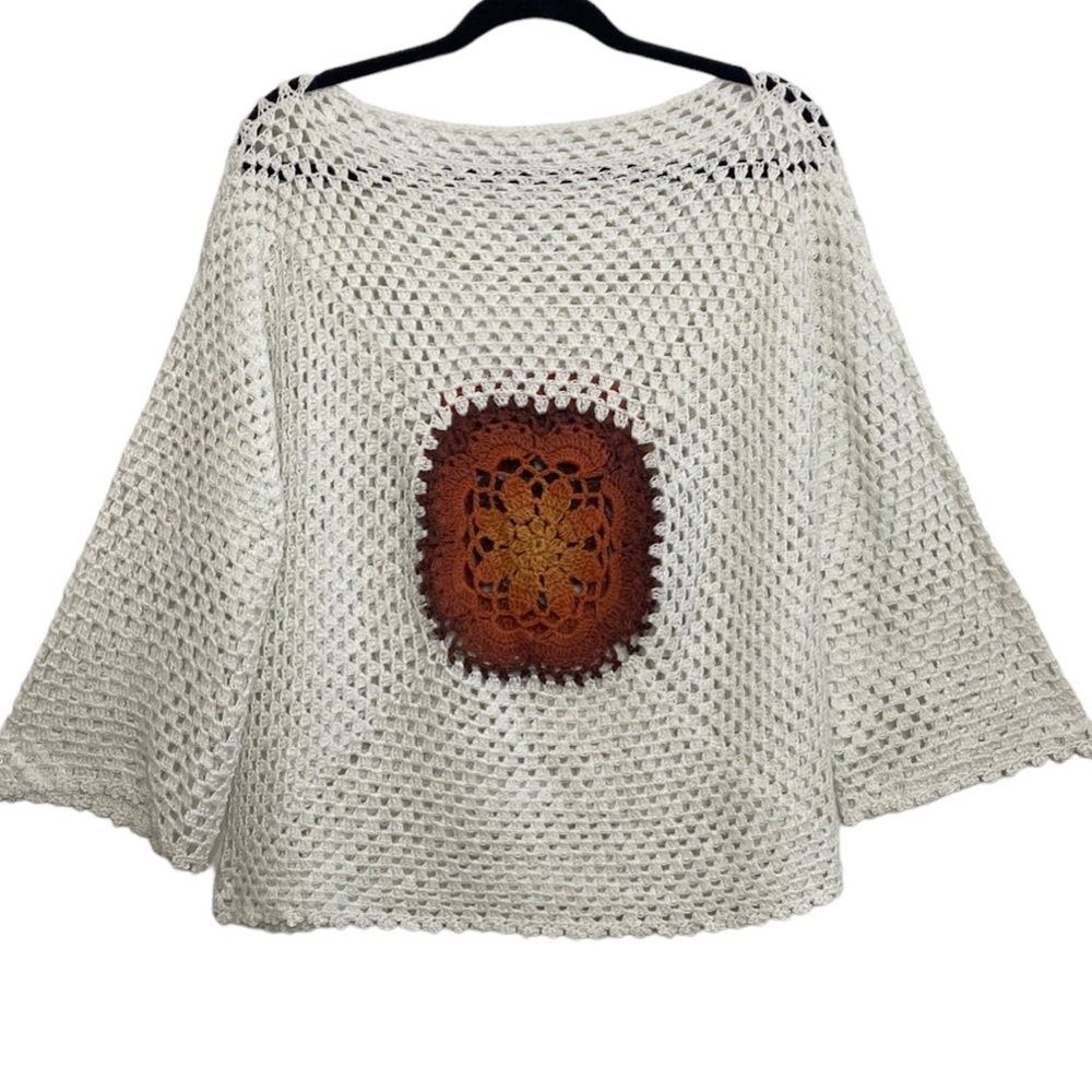Handmade Top Womens Large XL Ivory Brown Long Sleeve Crochet Bell Sleeve Boho